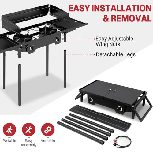 2 Burner Propane Camp Stove | 150,000 BTU Gas Burners | Side Shelves | Windscreen | Waterproof Cover | Detachable Legs | I...