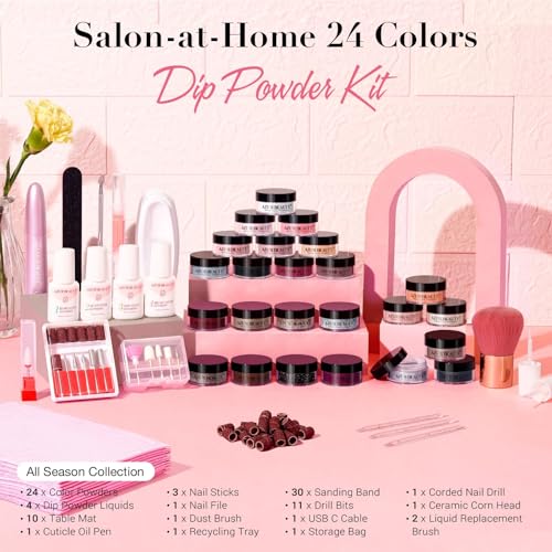 AZUREBEAUTY Dip Powder Nail Kit with Electric Nail Drill, 24 Colors Nude Pink Glitter Nail Powder Starter Kit with Dip Liq...