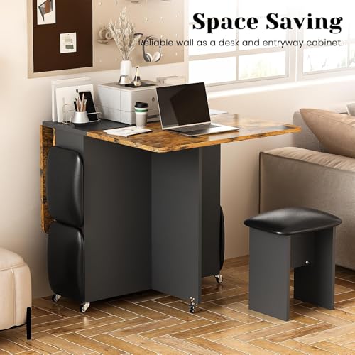 AWQM Foldable Dining Table Set for 4,Folding Dining Table with 4 Leather Chairs & Storage,Drop Leaf Dinner Table with 6 Wh...