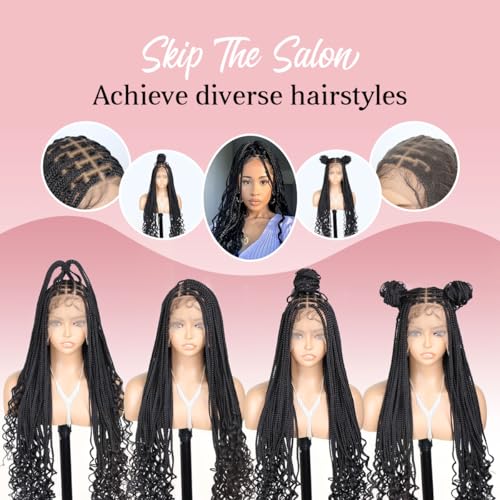 Box Braided Wigs curly ends 32 inch 13X8 Lace Braid Wigs for Black Women Square Knotless Box Braid Wig with Baby Hair Handmade Synthetic Hair Blended Lace Front Wig Natural Black