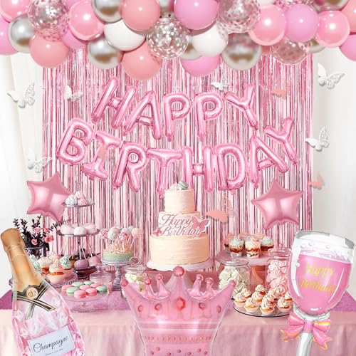 Amandir Pink Birthday Decorations for Women Girls, Silver Pink Confetti Foil Balloons Happy Birthday Banner Butterfly Frin...
