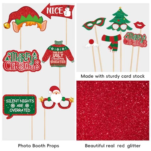 Glitter Christmas Photo Booth Props 30pc Set Photo Backdrop Christmas Party Selfie Prop for Holiday Xmas Party Supplies