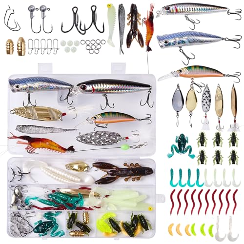 73PCS Fishing Lures Kit with Tackle Box for Freshwater Bass & Trout – Includes Crankbaits, Topwater Frogs, Soft Plastic Wo...