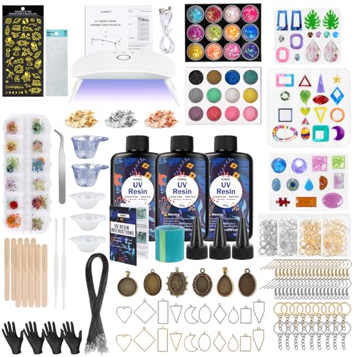 KISREL UV Resin Jewelry Making Kit, 300g Crystal Clear Resin with Light and Molds, DIY Jewelry Making Kit, Resina Starter ...