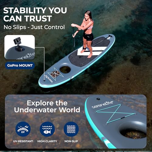 SereneLife 10’6” Inflatable Stand-Up Paddle Board with Window - 32” Wide Stable Design with Non-Slip EVA Deck Pad, Premium...