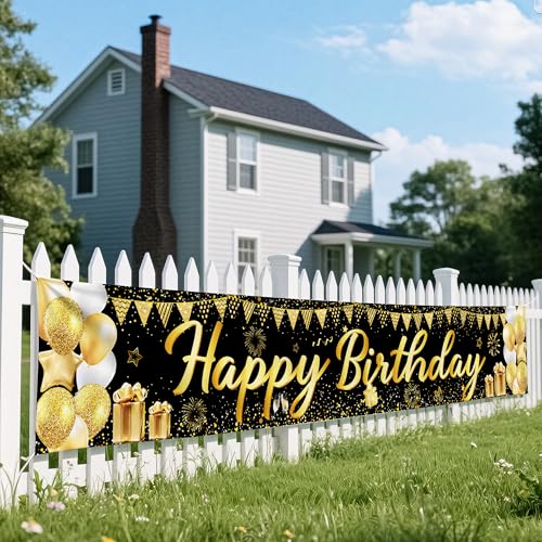 Happy Birthday Banner - Black and Gold Happy Birthday Decorations,118x20 Reusable Birthday Decorations for Women Men Boys ...