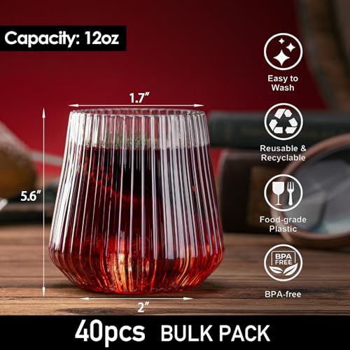 eventpartener 40 Pcs Disposable Stemless Wine Glasses, 12OZ Plastic Wine Cups, Origami Style Unbreakable Drinking Glasses,...