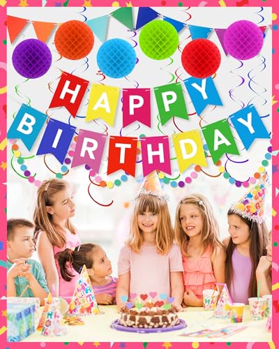 Oomloid Happy Birthday Party Decorations - Colorful Happy Birthday Banner Swirl Streamers Honeycomb Balls Circle Dots Garl...