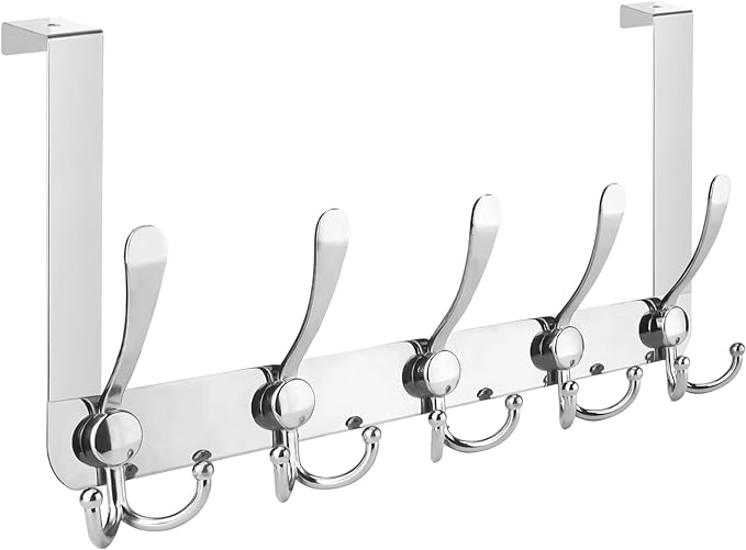 TICONN Over The Door Hooks, 5 Heavy Duty Tri Coat Rack All Metal Coat Hanger for Bathroom Bedroom Dorm (Chrome, 1PK, Fit 1-3/4" Doors)