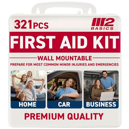 M2 BASICS Premium First Aid Kit, 321 Pieces, All Purpose Kit with Hard Case for Home, Car, Business, School, Office & Vehicle