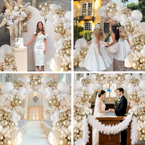 White and Gold Balloon Garland Arch Kit 132Pcs Metallic gold Ivory white Cream White Clear Balloons Different Sizes for We...
