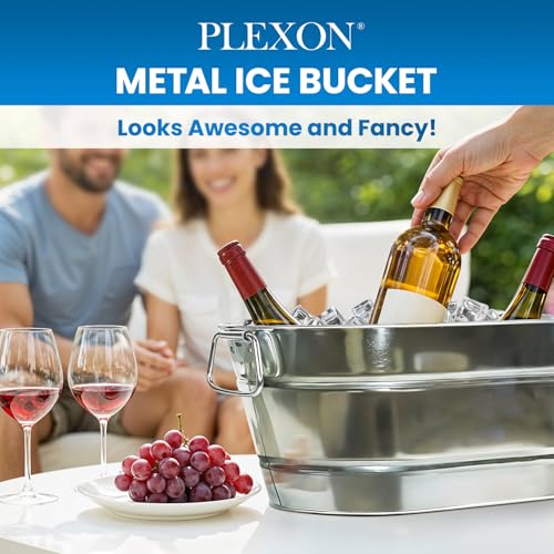 PLEXON Galvanized Tub with Handles - Beverage Tub - Metal Ice Bucket for Parties - Ice Bucket for Cocktail Bar Restaurant...