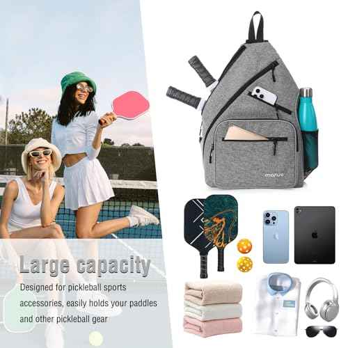 MOSISO Pickleball Bag for Women Men, Pickleball Backpack Sports Pickle Ball Paddle Daypack with 3 Front Pockets, Crossbody Sling Bag for Paddle Tennis Racket, Gray