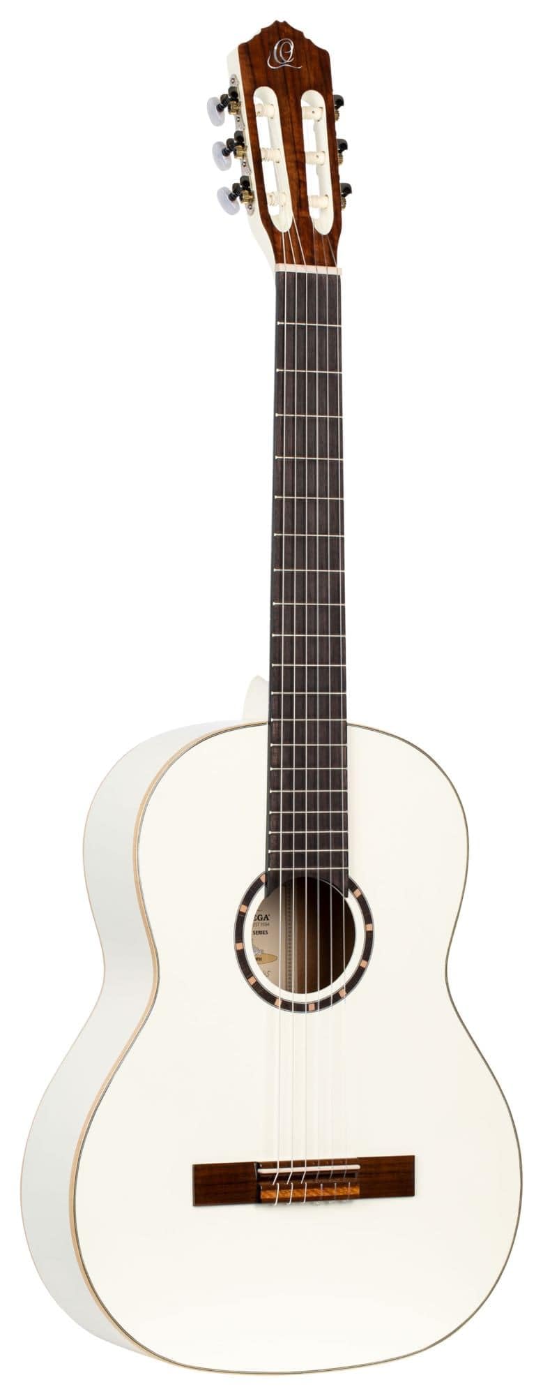 Ortega Guitars 6 Family Series Size Nylon String Classical Guitar W/Bag, Right, Spruce Top-White-Gloss, Full - Slim Neck (R121Wh
