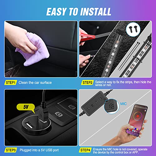 Nilight 72 LED USB Interior Strip Lights Dream Color RGB-IC 12V DC with App RF Remote Control Multicolor Footwell Under Da...