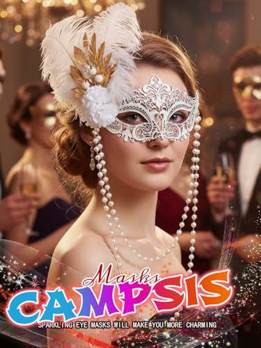 Campsis White Masquerade Mask, Feather Masquerade Ball Mask, Venetian Party Masks for Women
