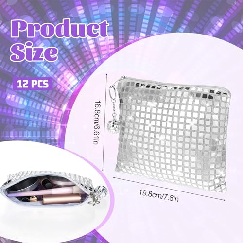 12 Pcs Disco Cosmetic Bags with Zipper Disco Party Favors Silver Glitter Sequin Mirror Makeup Bags for Bachelorette Bridal...