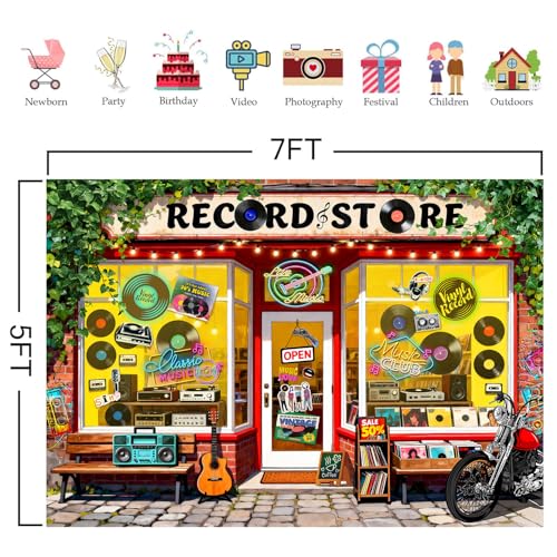 HANYING Cartoon Records Store Backdrop Retro Music Theme Birthday Party Photography Background 1950s Disco Dance Concert F...