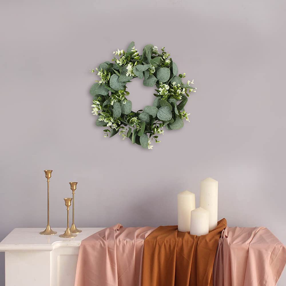 FULANDL 2PCS Artificial Eucalyptus Wreath, 11" Faux Green Leaves Wreath Farmhouse Greenery Wreath, Round Eucalyptus Wreath Outdoor Green Garland for Front Door Wall Hanging Window Decor