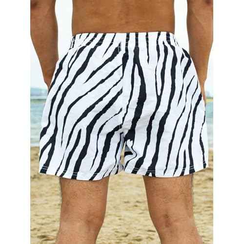 WDIRARA Men's Zebra Stripe Drawstring Waist Swim Trunks Beach Shorts Sports Running Bathing Suits with Mesh Lining