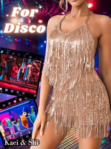 Kaei&Shi Sequin Fringe Romper,Sparkly Glitter Metallic Jumpsuits For Women,Backless Shorts Dress Disco Birthday Dance Outfit