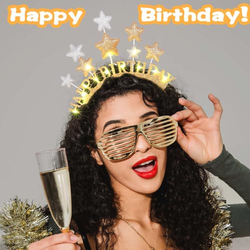 Uranian Light Up Happy Birthday Headbands LED Glitter Star Halo Crown Glowing Birthday Hairbands Party Hair Accessories fo...