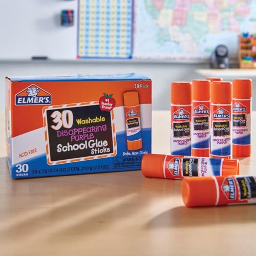 Elmer's Disappearing Purple School Glue Sticks, Washable, 7 Grams, 30 Count - Poster, Vision Board, Back to School, Bulk P...