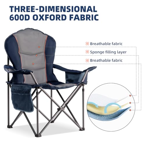 Foristrail Large Camping Chair with Side Table Heavy Duty 500LBS - Folding Outdoor Chair with Cooler Bag (Blue & Gray, 2 PCS)