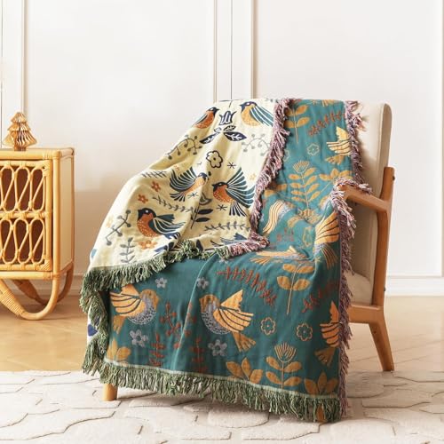 Boho Throw Blanket for Couch 100% Cotton Soft Birds and Floral Double Embroidery Breathable Throw Blankets,50"×60" All Sea...