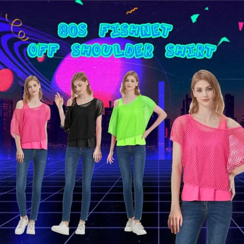 WILDPARTY Women's Casual Sexy Off Shoulder T-Shirt 80s 90s Outfit 80's Costume Fishnet Neon Shirt Summer Short Sleeve