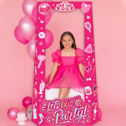 Hot Pink Let's Go Party Birthday Photo Booth Props, 4.5ft Tall Life Size Stand in Cardboard with Fixed Bracket & 25pcs Pri...