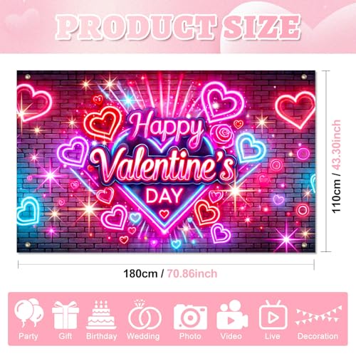 BlissYard Valentine’s Day Neon Banner Happy Valentine Backdrop Love Heart Light Effect Background for Valentine Party Deco...