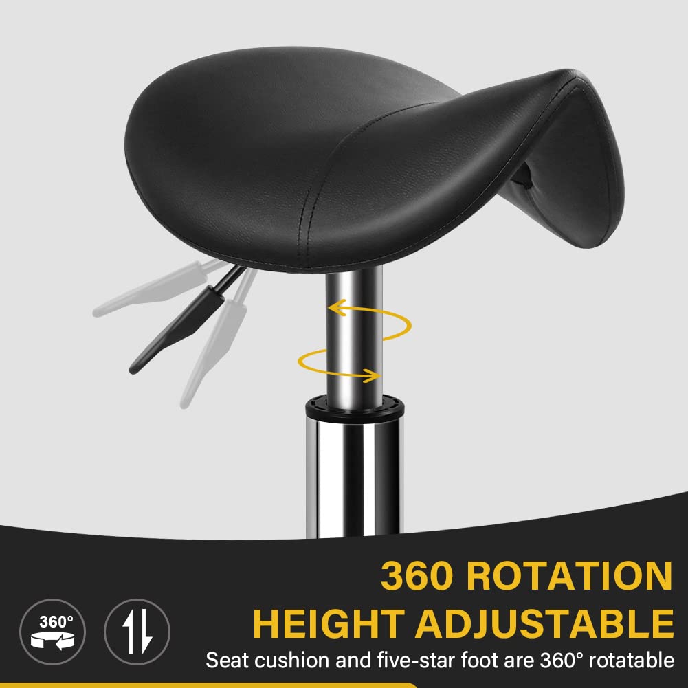 WKWKER Heavy Duty Saddle Rolling Stool With Wheels - Hydraulic Swivel Adjustable Chair, Ergonomic Thick Leather Seat for Kitchen
