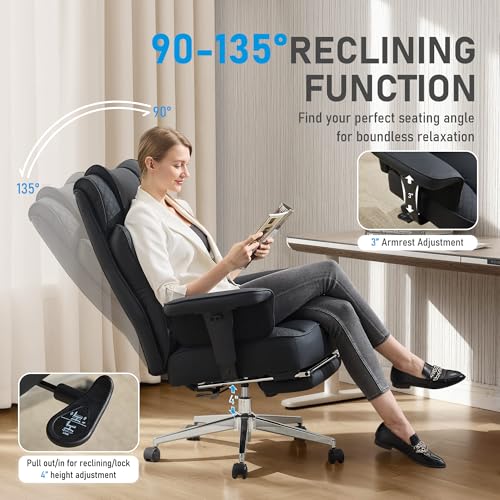 OwgeinSet Big and Tall Office Chair, Ergonomic Leather Reclining Chair with Footrest, High-Back Comfy Executive Computer D...