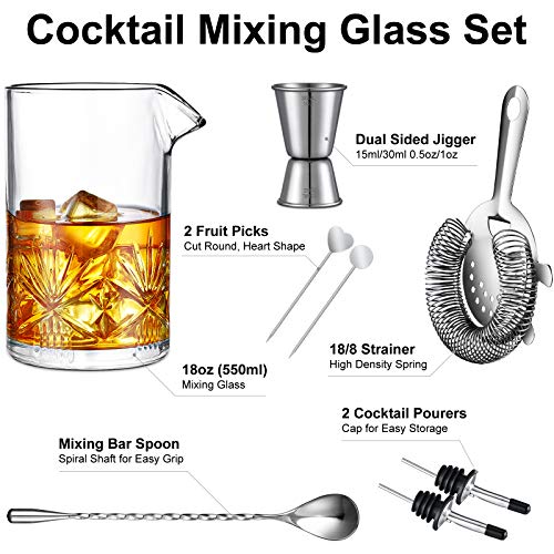 Cocktail Mixing Glass, veecom 18oz Crystal Mixing Glass Bartender Kit, 8 Piece Old Fashioned Cocktail Set with Strainer, S...