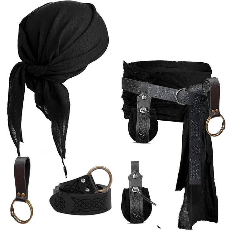KOTORA Pirate Costume Head Scarf Bandana Hat Waist Sash Medieval Belt Pouch Gold Coin Purse Festival Dress Halloween Accessroy (Black)