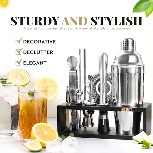 Mixology Bartender Kit with Stand - 15 Piece Bar Tool Set, Silver Bar Set Cocktail Shaker Set for Drink Mixing - Includes ...