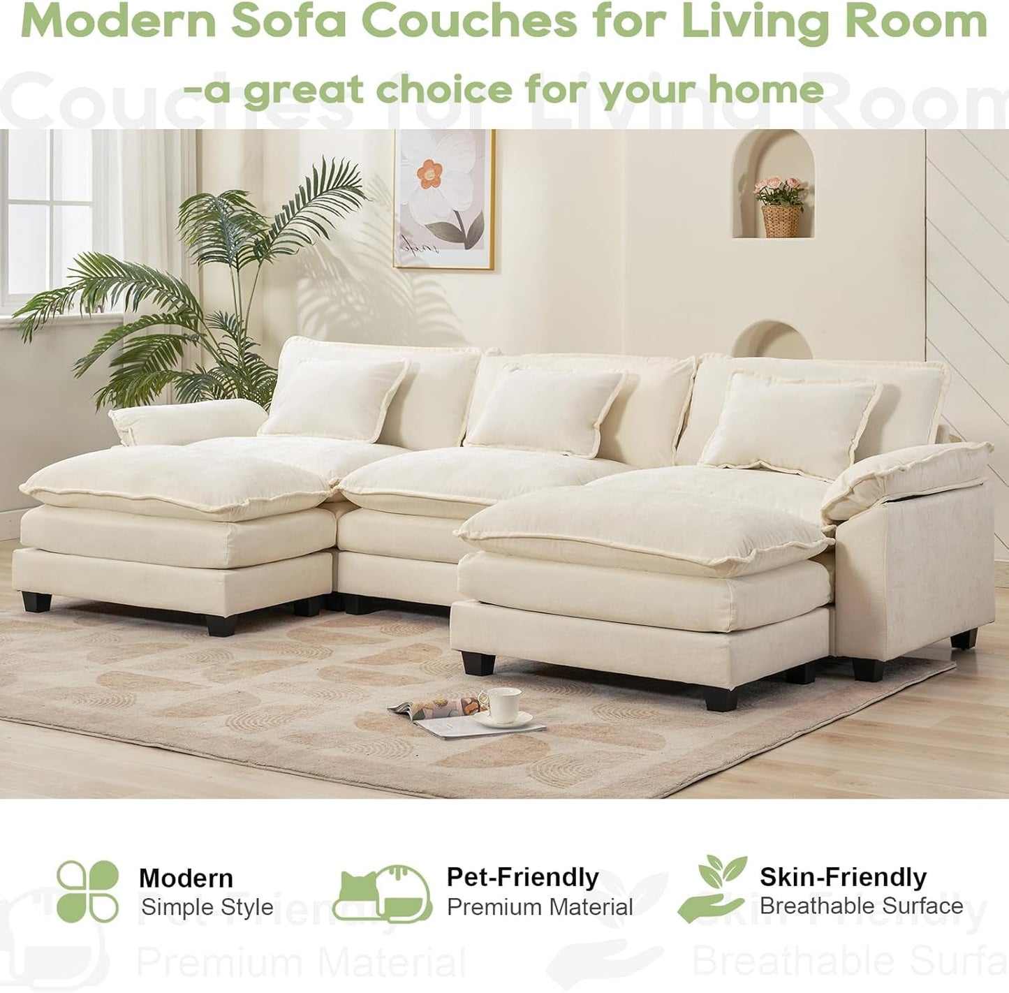 Modular Sectional Sofa, Comfy Cloud Couch Sectional Sofa with Ottoman, Chenille Sofa Sleeper Deep Seat Sofa with Throw Pillows for Living Room (Beige White, 120"- U Shape)