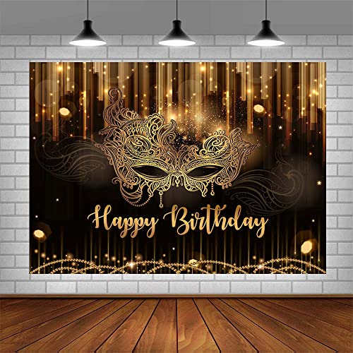 AIBIIN 7x5ft Happy Birthday Backdrop Masquerade Mask Party Decorations Supplies Carnival Birthday Dancing Party Banner Bla...