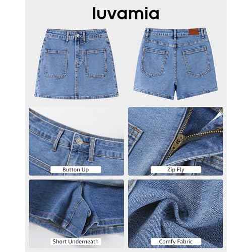 luvamia Jean Skorts for Woman Trendy High Waisted Stretchy Denim Skirt with Shorts Casual Patch Pocket Mini Skort Skirts