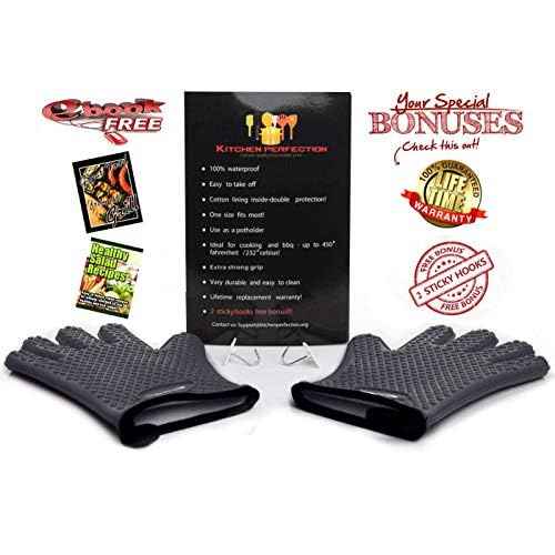 KITCHEN PERFECTION Silicone Smoker Oven Gloves-Extreme Heat Resistant BBQ Gloves-Handle Hot Food Right on Your Grill Fryer & Pit|Waterproof Grilling Cooking Baking Mitts|Superior Value Set +3 Bonuses