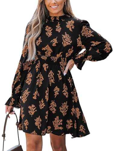 CUPSHE Women's Mock Neck Floral Mini Fall Dress Long Ruffle Sleeve Elastic Waist Smocked Casual Flowying Mini Dresses