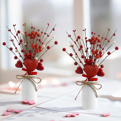Luabue 2 Sets Valentines Day Decorations for Home, Valentines Table Decor Red Valentine Picks with Pearls Artificial Flowe...