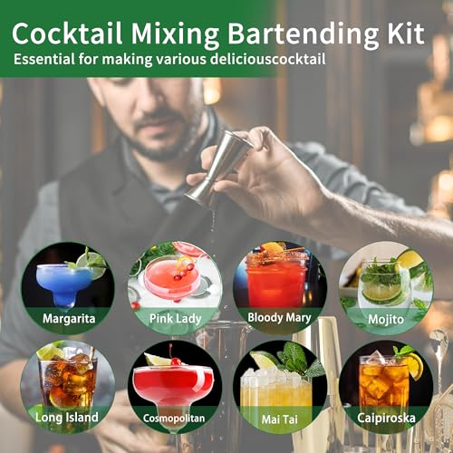 JWJIUEJIU Cocktail Shaker Set Bartender Kit with Bamboo Stand, 15-Piece Stainless Steel Bar Set Accessories, Professional ...