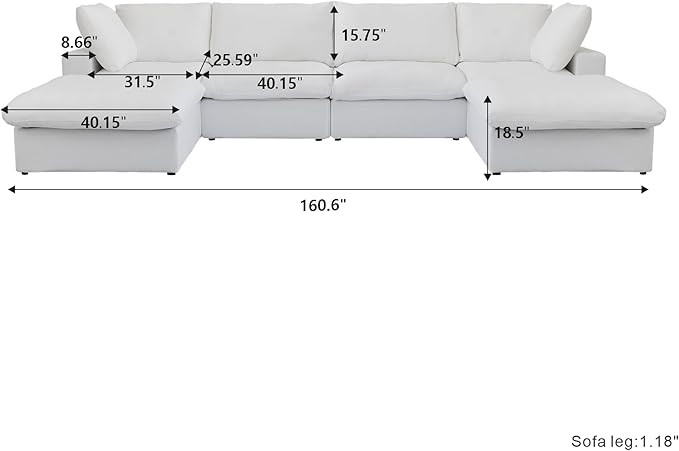 Cloud Couch Modular Sectional Sofa,160.6" Down Filled Sofa with Storage Ottoman,U Shaped Couch 6 Seater, White Convertible Sectional Sofa for Living Room,Covers Removable & Washable