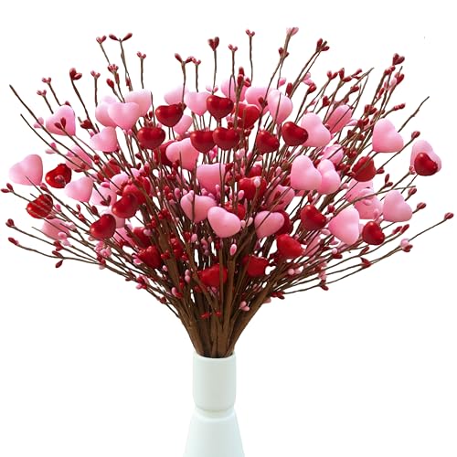 zjlmit Valentine's Day Picks, 12 Pieces Artificial Pink Heart Shaped Berry Branches, 17.7 Inch Valentine's Day Heart Picks...