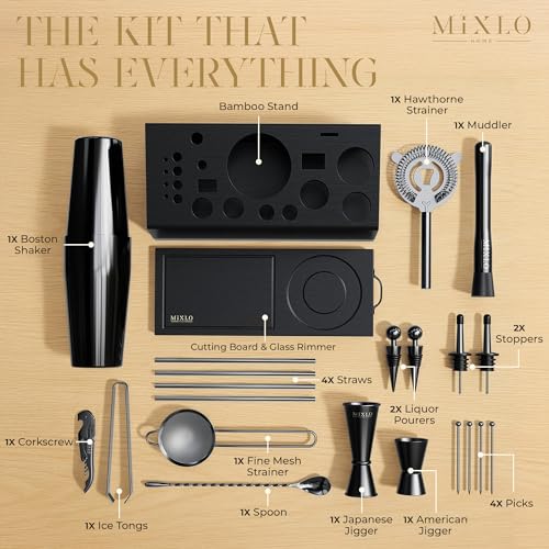 MIXLO HOME Mixology Bartender Kit - 22Pcs Bar Set Cocktail Shaker Set w Black Bar Cart Accessories Stand - Shakers Bartend...