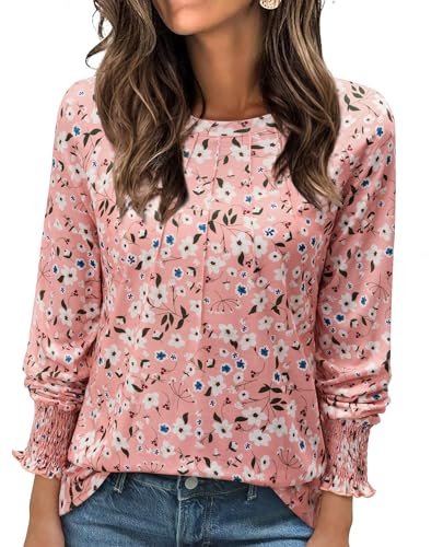 Womens Long Sleeve Shirts Spring Fashion Dressy Tops Cute Crewneck Blouses Casual Pleated Front Tunic Tops