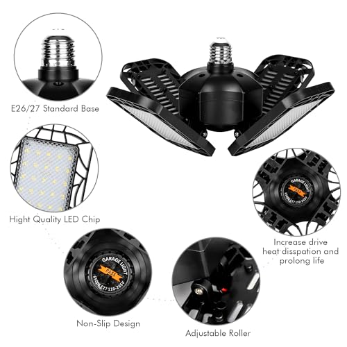 Tudoccy LED Garage Light 4 Pack, 120W Ultra Bright LED Shop Light with 4 Adjustable Panels, 12000LM E26/E27 Base Deformabl...