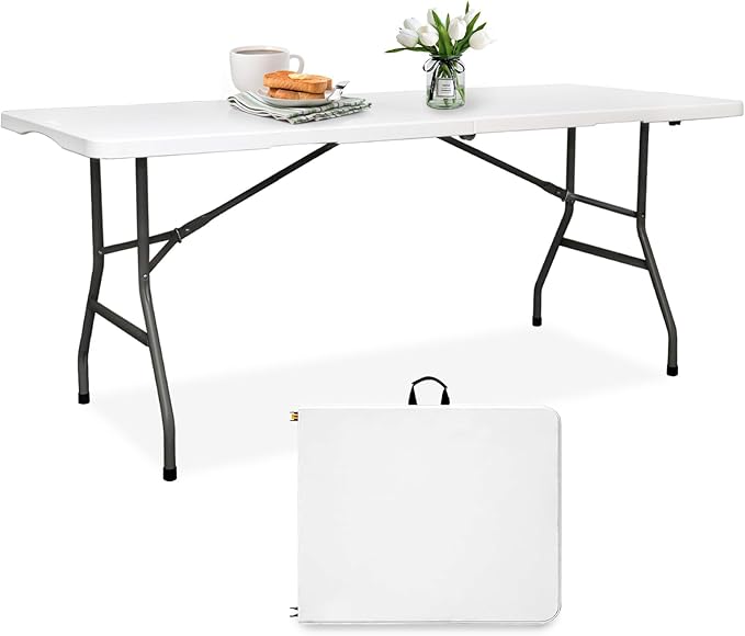 pollilar Folding Table 6FT Plastic 6 Foot Foldable Table HDPE Portable Banquet Surface Fold-in-Half Desk Utility for Worki...